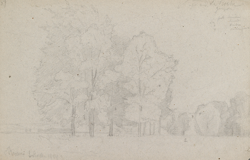 Camille Pissarro (French, 1830–1903). Landscape Study of La Roche-Guyon, 1859. Pencil on grey pulp paper; 29.3 × 46.1 cm (11 9/16 × 18 3/16 in.). Ashmolean Museum, Oxford.