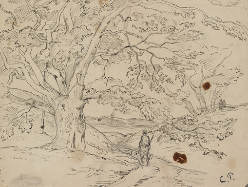 Camille Pissarro (French, 1830–1903). Compositional Study of a Landscape with Trees, a Road and Figures, late 1850s/early 1860s. Pen and dark ink over pencil; 24.4 × 32.1 cm (9 5/8 × 12 11/16 in.). Ashmolean Museum, Oxford. 