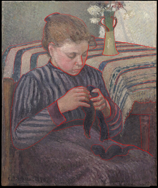 Multilayer Interactive Image of Camille Pissarro's Woman Mending (1895), The Art Institute of Chicago, 1959.636.