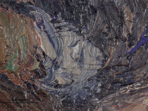 Photomicrograph of the figure’s fingers and thimble in Pissarro’s Woman Mending (1895) showing the wide variety of colors. The Art Institute of Chicago, 1959.636.