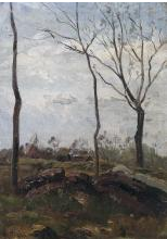 Camille Pissarro (French, 1830–1903). Winter Landscape, Montfoucault,, c. 1864. Oil on panel; 31.5 × 22.5 cm (12 1/2 × 8 7/8 in.). Private collection.