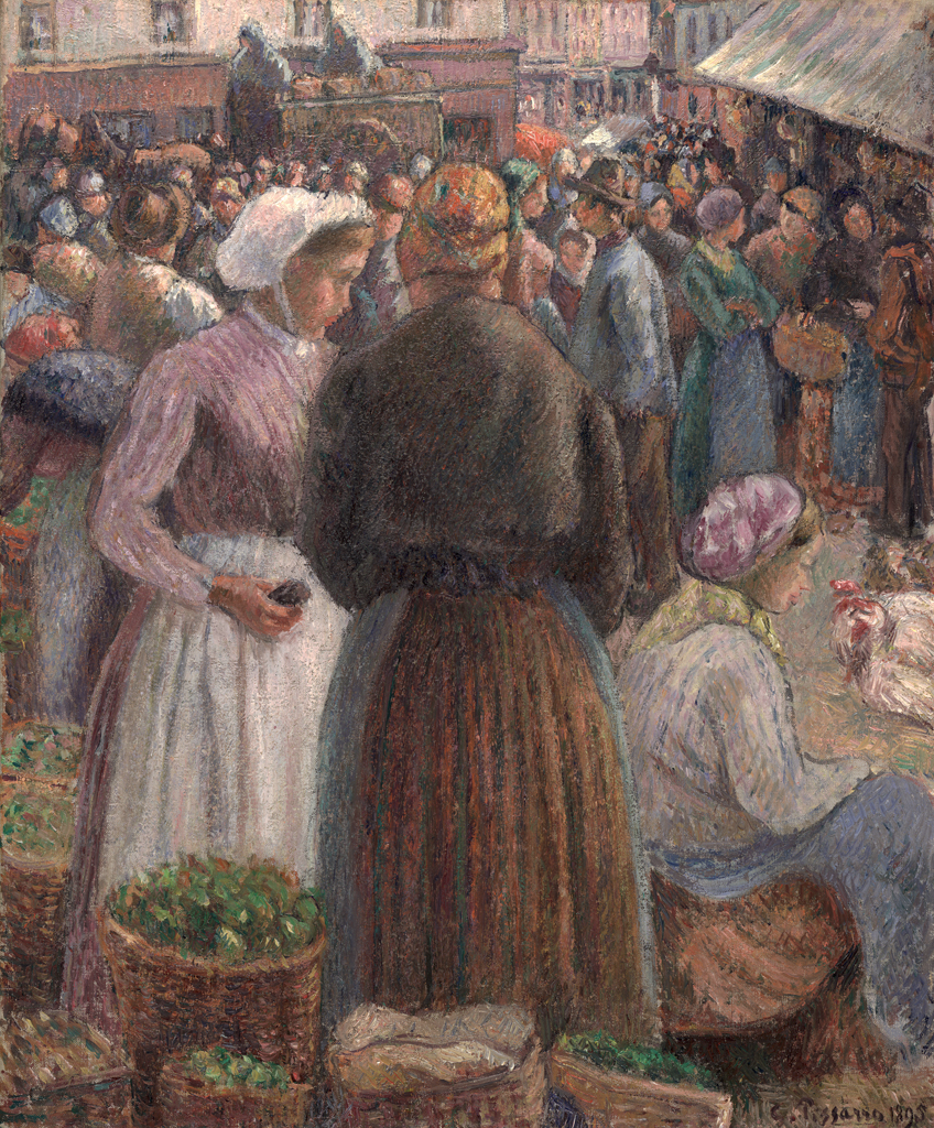 Camille Pissarro (French, 1830–1903). Gisors Market, 1895. Oil on canvas; 46.3 × 38.3 cm ( × in.). The Nelson-Atkins Museum of Art, Kansas City.