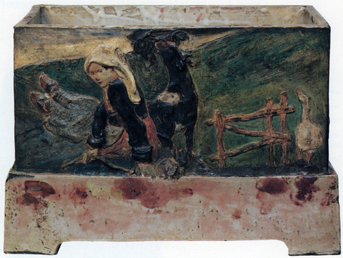Paul Gauguin (French, 1848–1903). Jardinière Decorated with Motifs, 1886–87. Stoneware decorated with ceramic slip, partially glazed; 27 × 40 × 22 cm (10 5/8 × 15 3/4 × 8 5/8 in.). Collection of Roseline Bacou