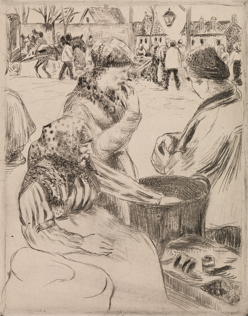 Camille Pissarro (French, 1830–1903). Woman Selling Chestnuts, 1878. Drypoint on beige laid paper, sheet: 299 × 215 mm ( × in.); plate: 206 × 162 mm ( × in.). Museum of Fine Arts, Boston.