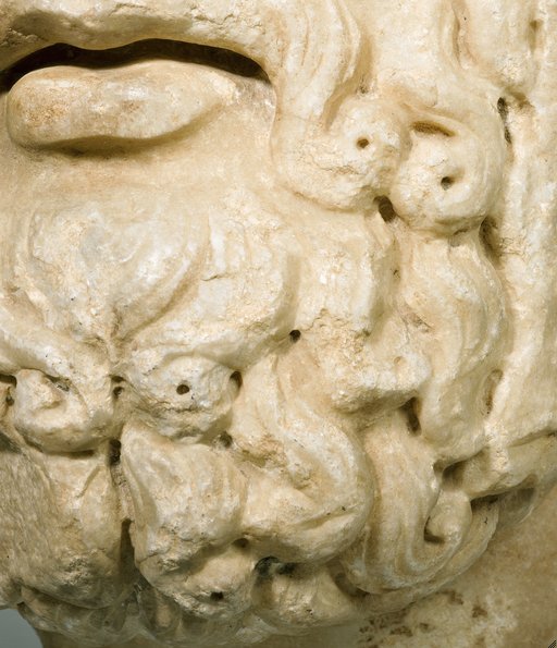 Detail showing the pierced ends of the curls in the beard of Head of Mars (2nd century A.D.). The Art Institute of Chicago