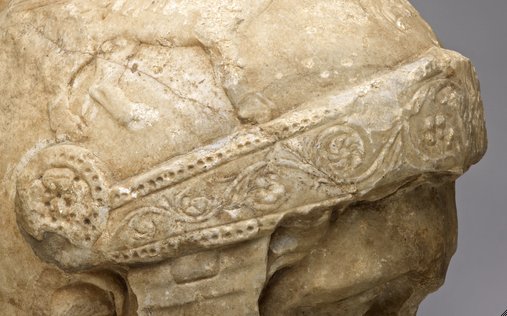 Detail showing the pierced design on the helmet of Head of Mars (2nd century A.D.). The Art Institute of Chicago