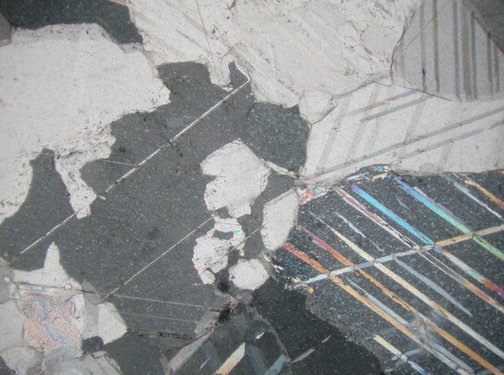 Roman Art | Online Scholarly Catalogue | Art Institute of Chicago | Photomicrograph (crossed polars, image width = 2.55 mm) of the petrographic thin section of the stone from the original sculpture of Fragment of a Portrait Statue of a Man.