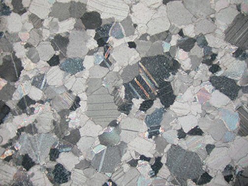 Photomicrograph (crossed polars, image width = 2.55 mm) of the petrographic thin section of the stone from Portrait Head of a Woman (A.D. 117/38). The Art Institute of Chicago, 1962.926.