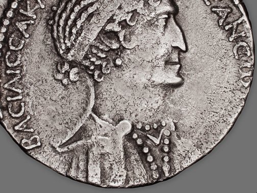 Detail showing the missing edge beading on the obverse of Tetradrachm (Coin) Portraying Queen Cleopatra VII (37/33 B.C.). The Art Institute of Chicago