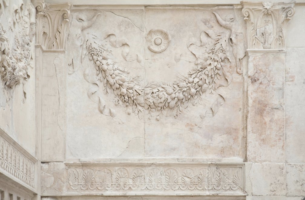 Ara Pacis Augustae, detail of interior with garlands and bucrania, in Diana E. E. Kleiner, Roman Sculpture (Yale University Press, 1992), p. 91, fig. 73