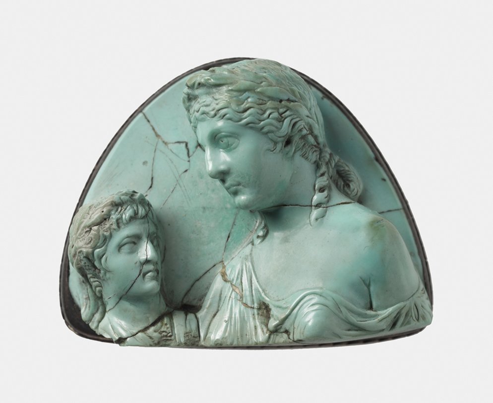 Turquoise cameo of Livia holding a bust of Augustus, in MFA Boston