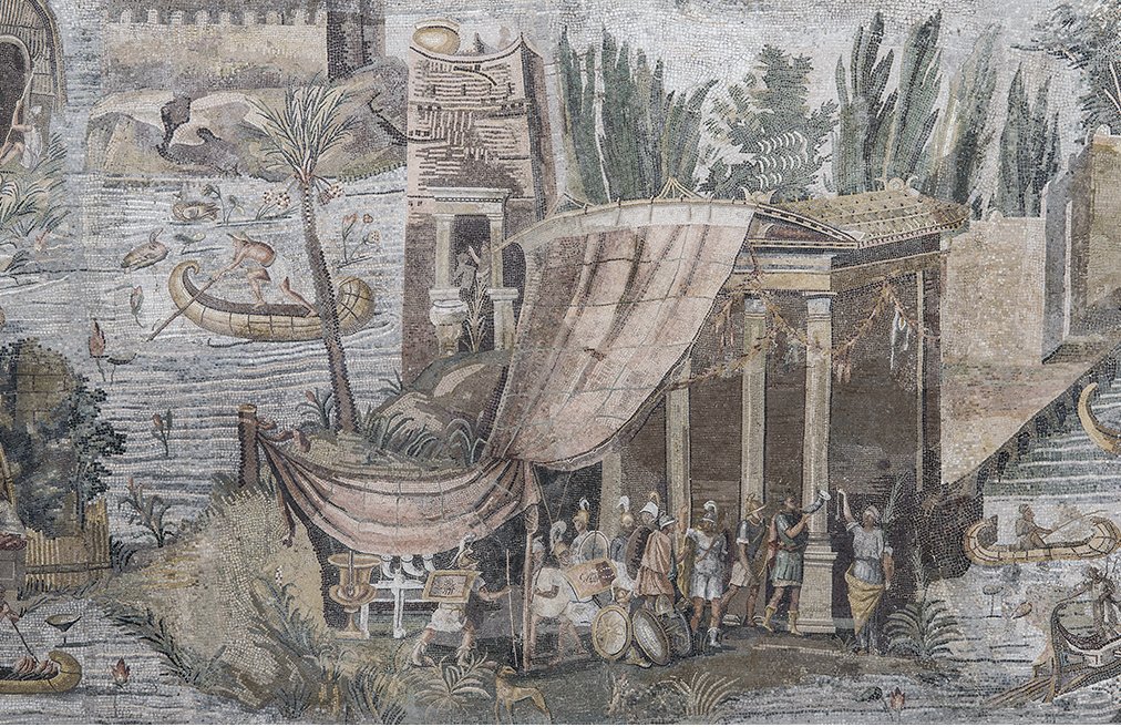 Roman Art | Online Scholarly Catalogue | Art Institute of Chicago | Roman, from Temple of Fortuna, Praenesta, The Nile Mosaic: Roman garrison detachment on the Nile River (detail), c. 80 B.C. Mosaic pavement. Palestrina, Museo Prenestino Barberiano.