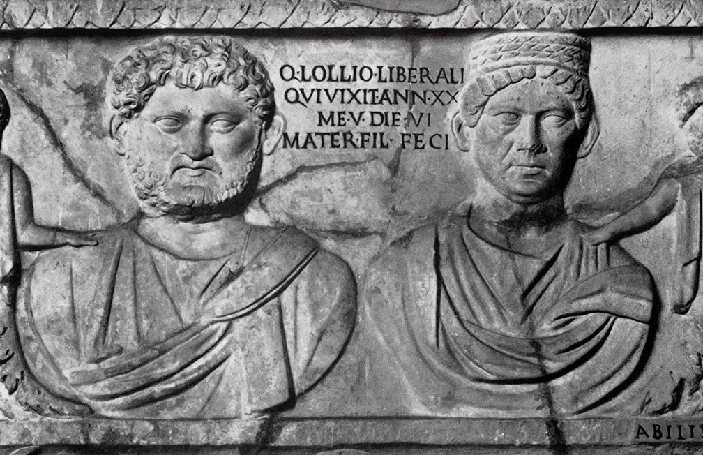 Sepulchral slab with married couple and son, in Raissa Calza, I Ritratti, pt. 1. Ritratti greci e romani Fino al 160 circa D.C., Scavi di Ostia V (Istituto poligrafico dello Stato, Libreria dello Stato, 1964)