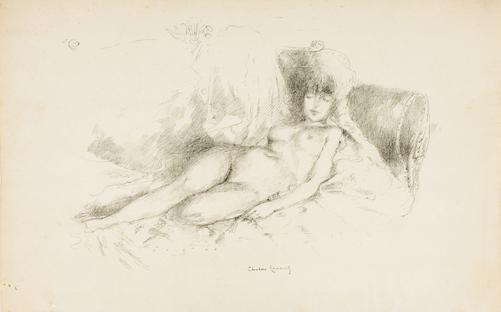 Theodore Roussel (English, born France, 1847–1926). Study from the Nude, Woman   Asleep, 1890–94. Transfer lithograph in black on cream laid paper; 167 × 240 mm   (image); 205 × 324 mm (sheet). The Art Institute of Chicago, gift of Meg and Mark   Hausberg