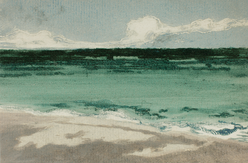 Theodore Roussel (English, born France, 1847–1926). The Sea at Bognor, 1895. Color   monotype, soft ground, and inkless intaglio on ivory laid paper; 93 × 140 mm (sheet,   plate mark not visible). The Art Institute of Chicago, gift of Meg and Mark  Hausb