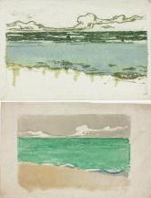 Theodore Roussel (English, born France, 1847–1926). The Sea at Bognor, 1895. Color etching and soft ground and monotype in greenish blue on bluish ivory laid paper. Composition. AIC, gift of Meg and Mark Hausberg, 2011.573.2, 2011.573.11.
