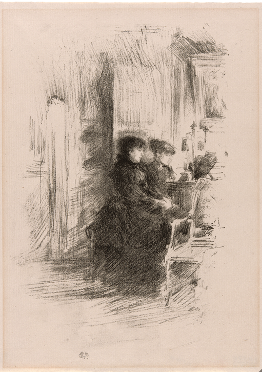 James McNeill Whistler (American, 1834–1903). The Duet, 1894. Transfer lithograph in black on cream laid paper; 246 × 165 mm (image), 283 × 227 mm (sheet). C 104. The Art Institute of Chicago, bequest of Bryan Lathrop, 1917.591.