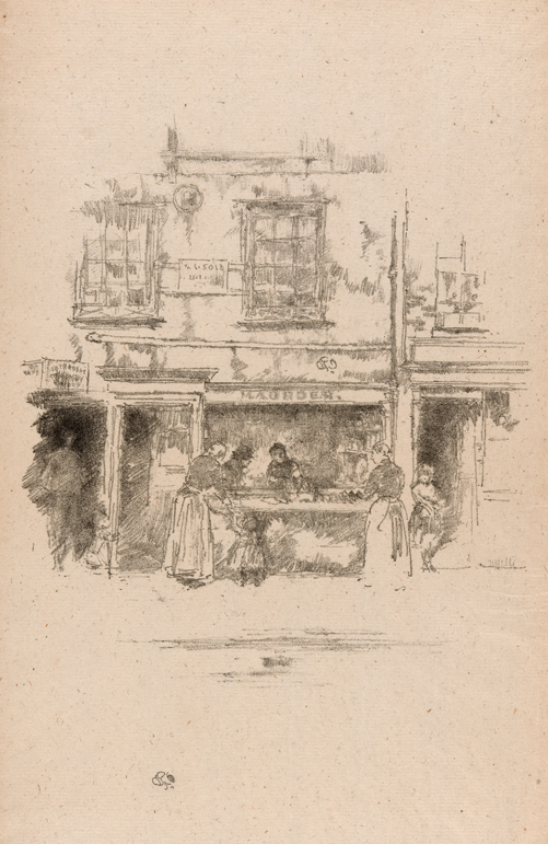James McNeill Whistler (American, 1834–1903). Maunder’s Fish Shop, Chelsea, 1890.   Transfer lithograph in black on cream laid paper; 90 × 170 mm (image); 332 × 200 mm   (sheet). The Art Institute of Chicago, bequest of Bryan Lathrop, 1917.561.