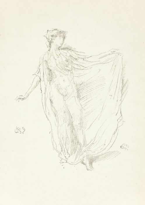 James McNeill Whistler (American, 1834–1903). The Dancing Girl, 1889. Transfer   lithograph in black on ivory laid paper; 182 × 148 mm (image); 320 × 204 mm (sheet).   The Art Institute of Chicago, the Charles Deering Collection, 1927.5795.