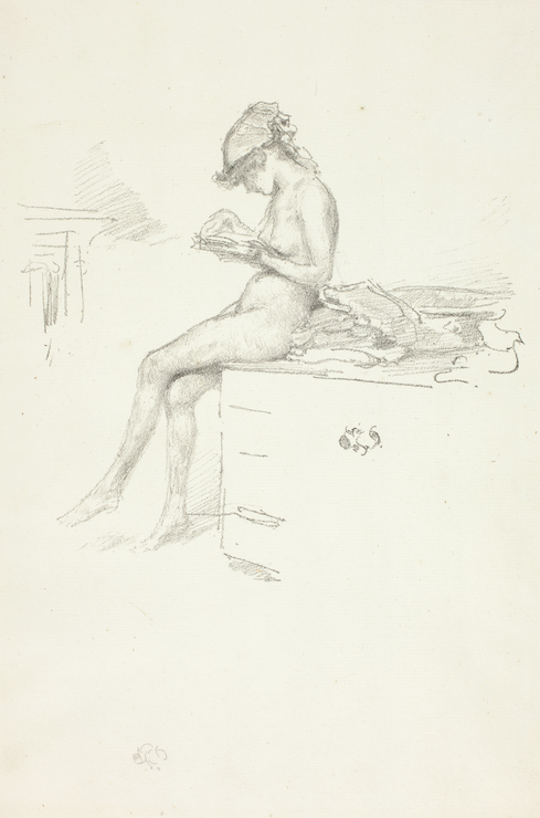 James McNeill Whistler (American, 1834–1903). The Little Nude Model, Reading,   1889/90. Transfer lithograph in black on ivory laid paper; 167 × 179 mm (image); 320 ×   205 mm (sheet). The Art Institute of Chicago, gift of the Crown Family in honor of Jam