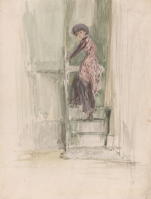 James McNeill Whistler (American, 1834–1903). Maud on a Stairway, 1884/85.   Watercolor over traces of black chalk on ivory wove paper; image: 29.5 × 22.2 cm   7Whistler/Roussel caption list  (11 5/8 × 8 3/4 in.), frame: 54.0 × 47.9 × 3.2 cm (21 1/4 × 18 
