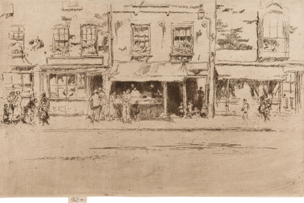 James McNeill Whistler (American, 1834–1903). Fish Shop, Chelsea, 1886. Etching and   drypoint with foul biting in dark brown on ivory laid paper; 140 × 217 mm (trimmed   within plate mark); 143 × 217 mm (sheet). The Art Institute of Chicago, Clarence   B
