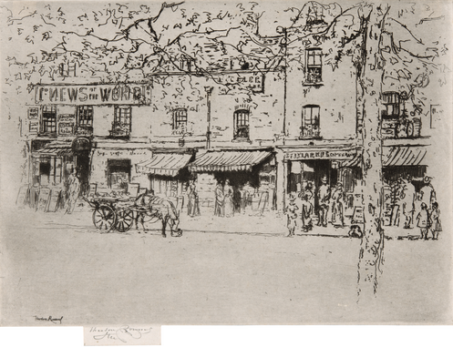Theodore Roussel (English, born France, 1847–1926). The Street, Chelsea Embankment,   1888/89. Etching in black on ivory wove paper; 150 × 208 mm (plate); 156 × 205 mm   (sheet). The Art Institute of Chicago, gift of Meg and Mark Hausberg, 2011.462.