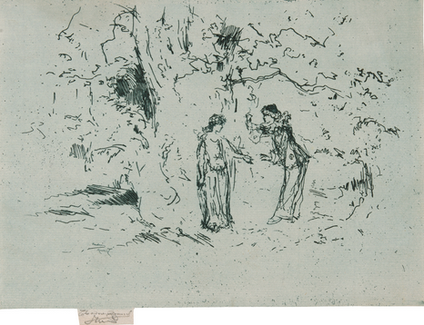 Theodore Roussel (English, born France, 1847–1926). The Pastoral Play, 1888. Etching   in blue-green on ivory laid paper; 159 × 218 mm (plate); 165 × 213 mm (sheet). The Art   Institute of Chicago, gift of Meg and Mark Hausberg, 2011.437