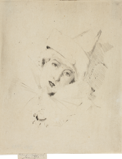 Theodore Roussel (English, born France, 1847–1926). Pierrot, Portrait of the Lady A. C.,   1888. Drypoint in black on cream wove paper, tipped onto cream wove card; 118 ×   94 mm (plate); 122 × 95 mm (sheet). The Art Institute of Chicago, gift of Meg and 