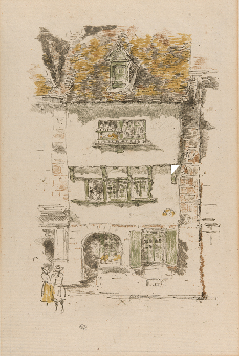 James McNeill Whistler (American, 1834–1903). Yellow House, Lannion, 1893. Color   transfer lithograph from six stones, with scraping, on ivory laid paper; 242 × 162 mm   (image); 367 × 242 mm (sheet). The Art Institute of Chicago, Bryan Lathrop   Collect