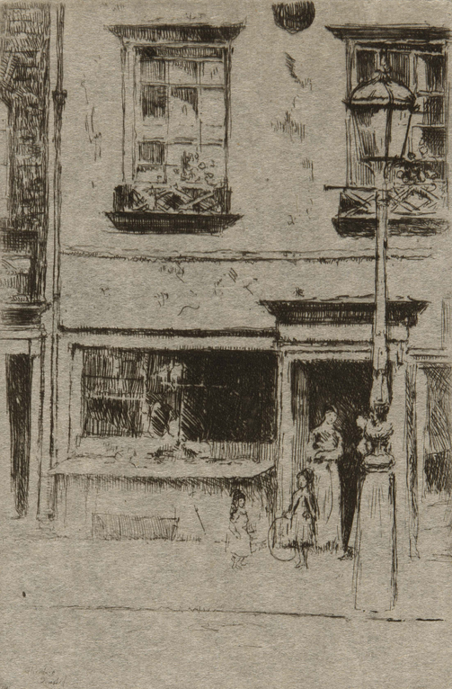 Theodore Roussel (English, born France, 1847–1926). The Little Fish Shop, Chelsea  Embankment, 1888/89. Etching in black on cream Japanese paper; 120 × 80 mm (plate);   165 × 118 mm (sheet). The Art Institute of Chicago, gift of Meg and Mark   Hausberg,