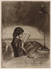 James McNeill Whistler (American, 1834–1903). Reading by Lamplight, 1859. Etching   and drypoint with foul biting in black on cream laid paper; 160 × 119 mm (plate); 232 ×   168 mm (sheet). The Art Institute of Chicago, bequest of Bryan Lathrop, 1917.443.
